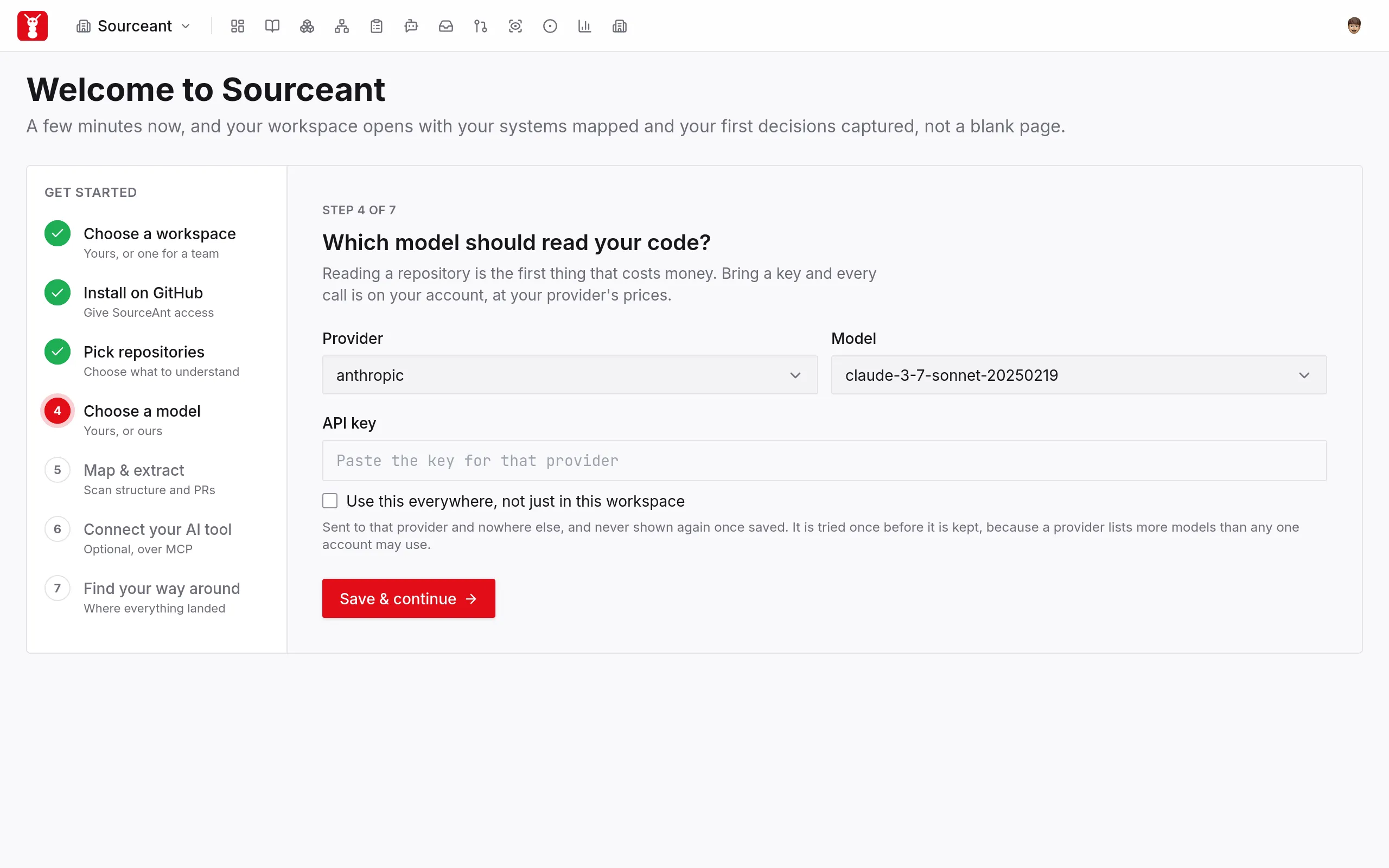 Provider, model and API key fields with a settings scope checkbox