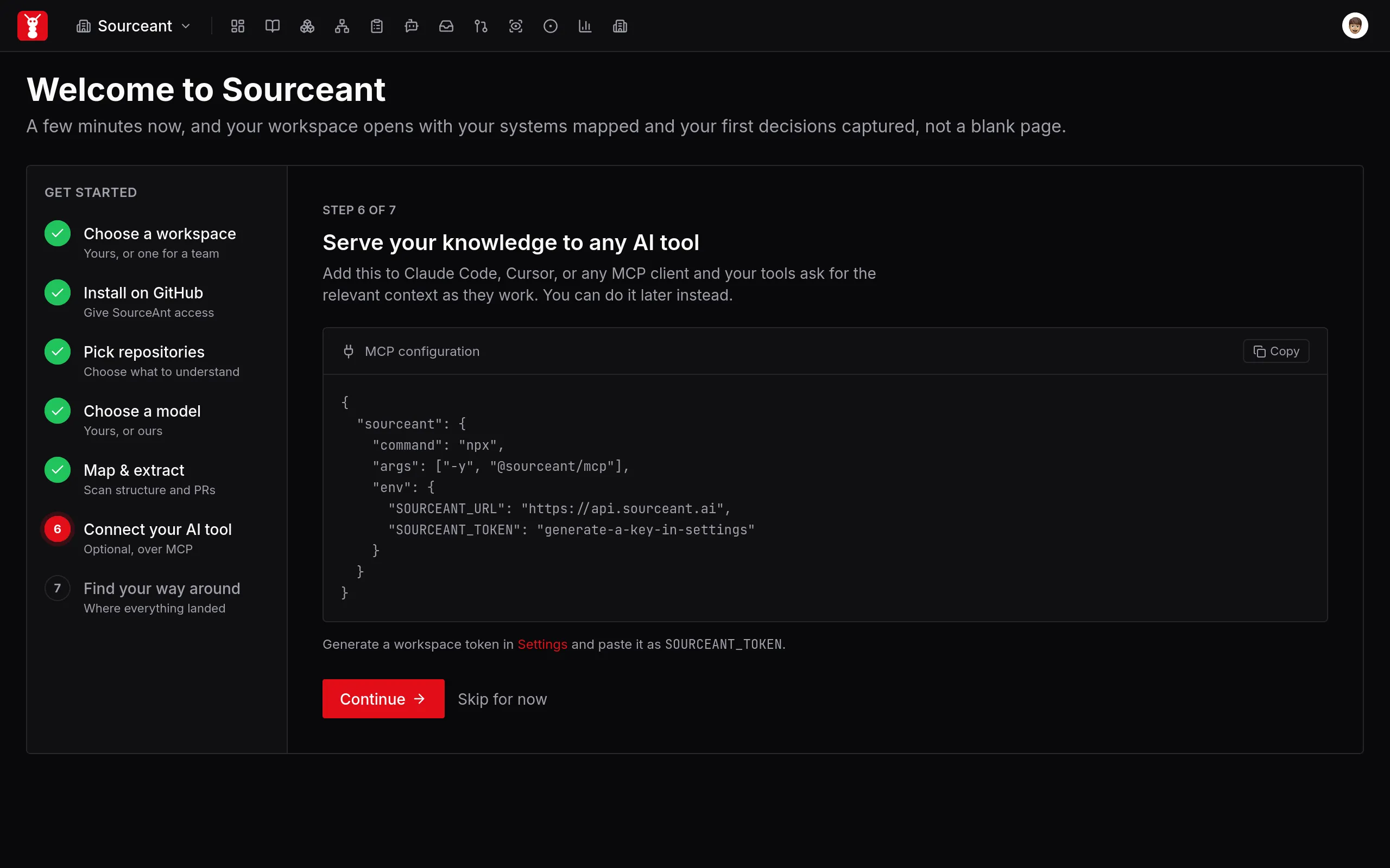 Hosted MCP configuration with a workspace token placeholder