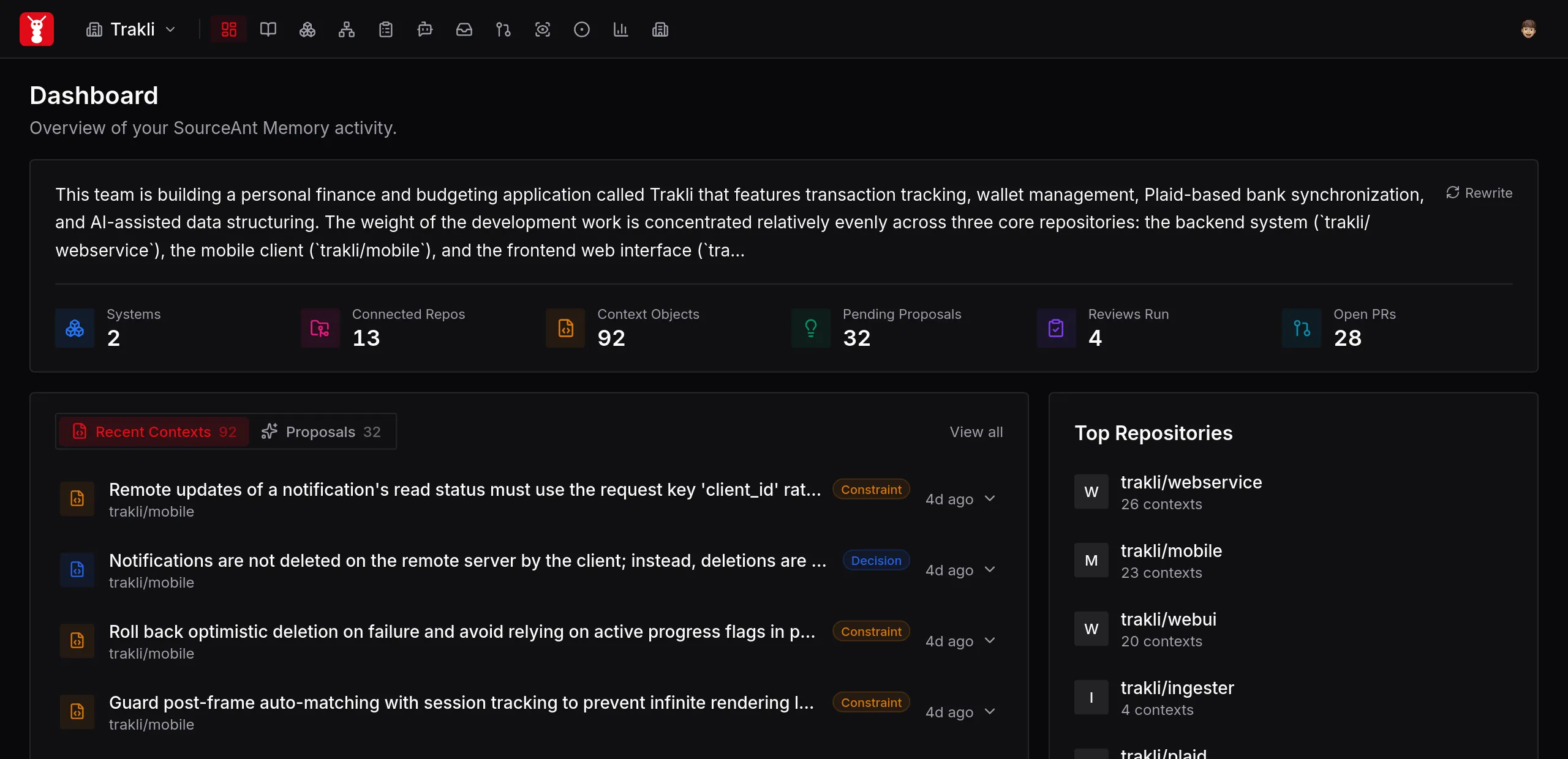 The SourceAnt dashboard listing captured context and pending proposals