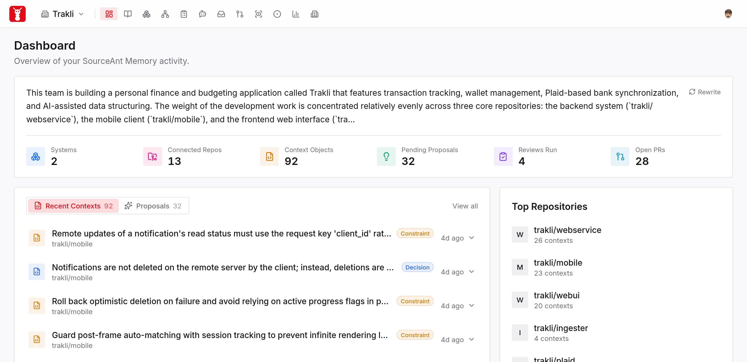 The SourceAnt dashboard listing captured context and pending proposals