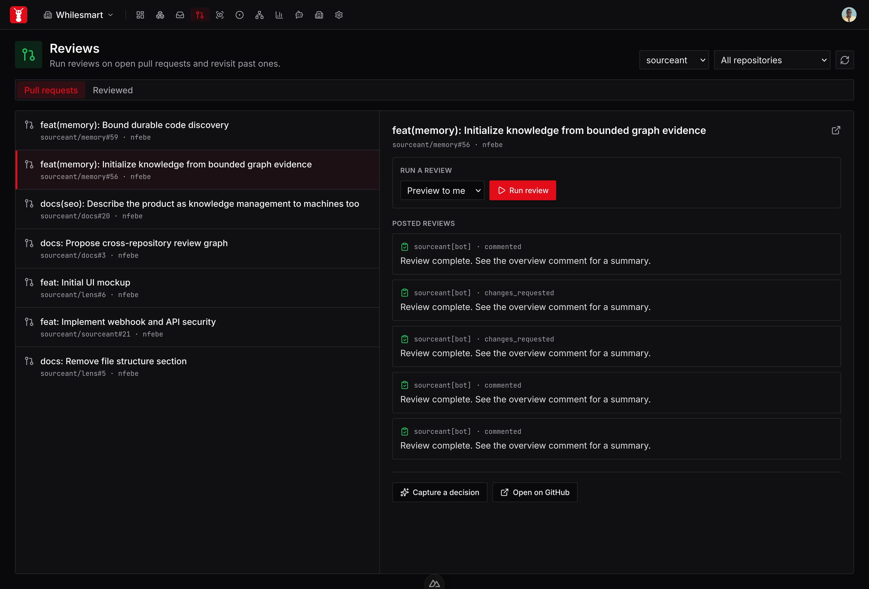 Running a review on an open pull request, with previously posted reviews listed alongside
