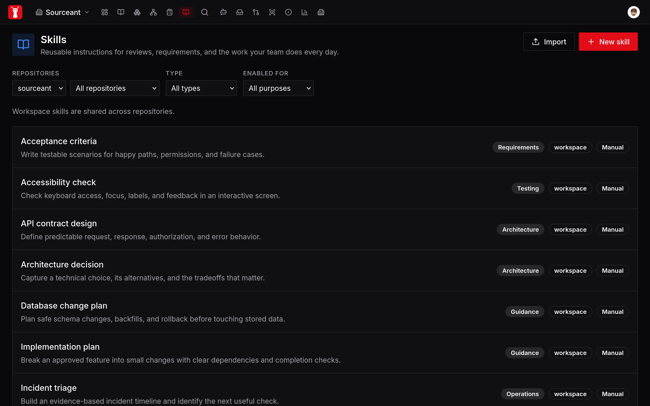 SourceAnt skills catalogue showing shared workspace instructions, types and repository filters