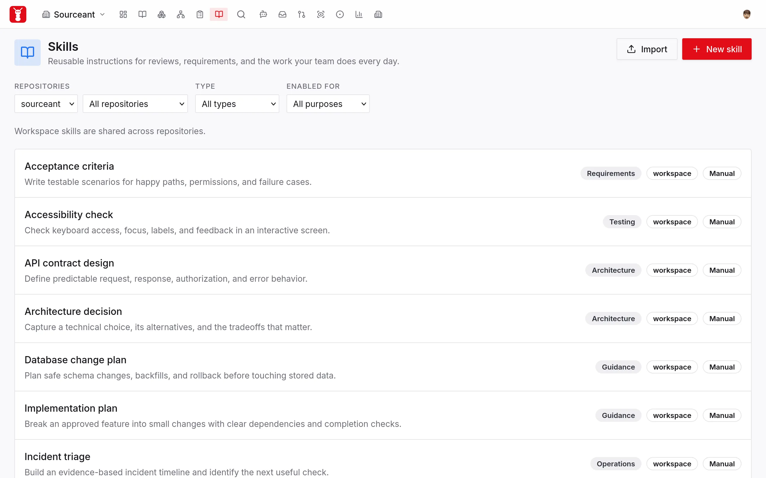 SourceAnt skills catalogue showing shared workspace instructions, types and repository filters