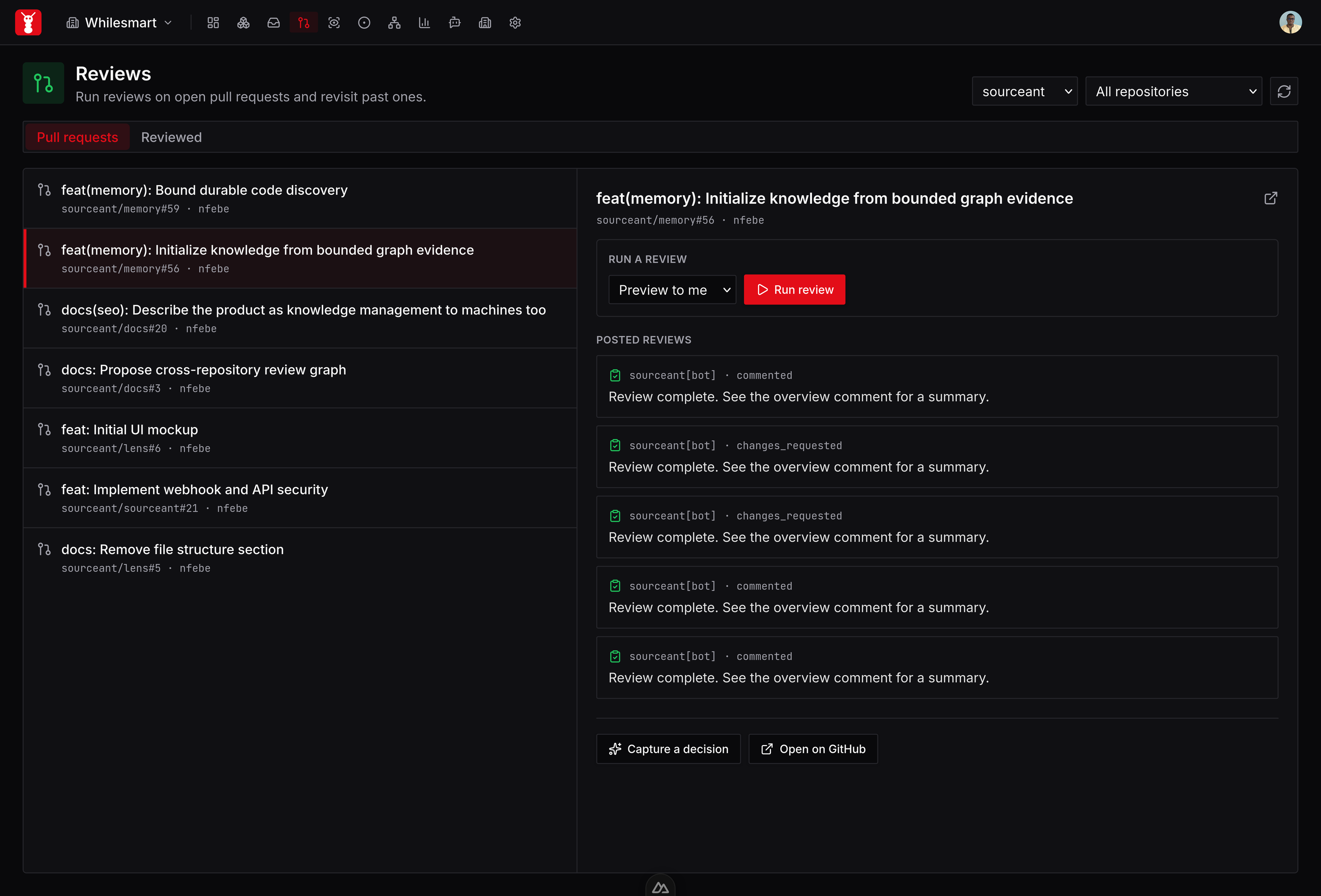 Running a review on an open pull request, with previously posted reviews listed alongside